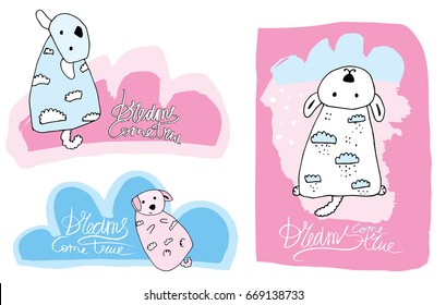 Vector set of cute dogs on the clouds inscription: dream come true