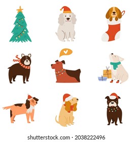 Vector set of cute dogs in winter holiday clothing.