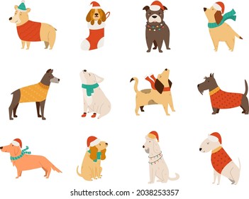 Vector set of cute dogs in winter holiday clothing