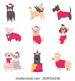 Vector set of cute dogs in winter holiday clothing. Modern illustration in a flet style