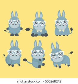 Vector set cute donkey in cartoon style. Collection isolated funny donkey in different pose.