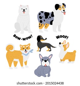 Vector set of cute doodle different breeds dogs