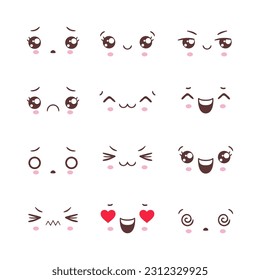 Vector set of cute doodle emoticons with facial expressions. Faces with emotions in anime style. Kawaii emoji icons.