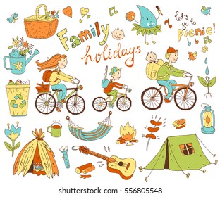 Vector set of cute doodle family and holidays. Equipment for camping and eco-tourism, bicycles, tent, guitar, people, woman,  man and two children. Cartoon style.