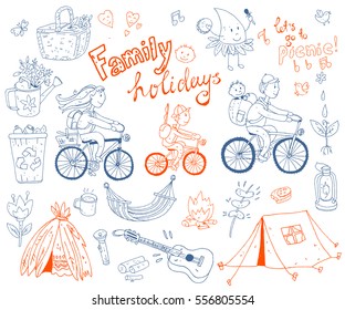 Vector set of cute doodle family and holidays. Equipment for camping and eco-tourism, bicycles, tent, guitar, people, woman,  man and two children. Cartoon style.