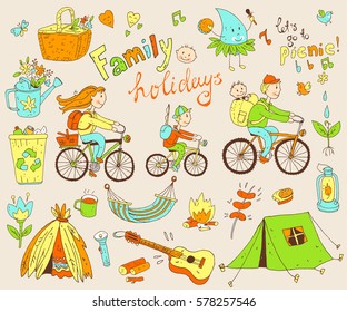 Vector set of cute doodle family and holidays. Equipment for camping and eco-tourism, bicycles, tent, guitar, people, woman,  man and two children. Cartoon style.