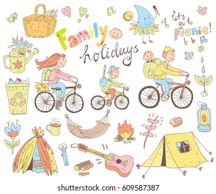 Vector set of cute doodle family and holidays. Equipment for camping and eco-tourism, bicycles, tent, guitar, people, woman,  man and two children. Cartoon style.