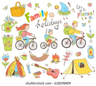 Vector set of cute doodle family and holidays. Equipment for camping and eco-tourism, bicycles, tent, guitar, people, woman,  man and two children. Cartoon style.