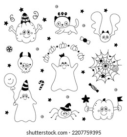 Vector set of cute doodle halloween design elements:pumpkin,ghost,cat,bat,spiderweb,skull.Childish illustration.Outline.Sketch.