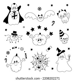 Vector set of cute doodle halloween design elements:pumpkin,ghost,cat,bat,spiderweb,skull.Kid illustration.Outline.Sketch.