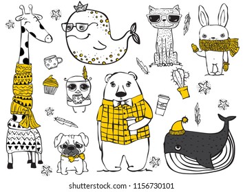 Vector set of cute doodle hipster animals. Perfect for greeting cards design, t-shirt prints and kid's posters.