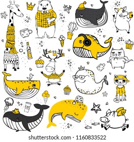 Vector set of cute doodle hipster animals. Perfect for greeting cards design, t-shirt prints and kid's posters.