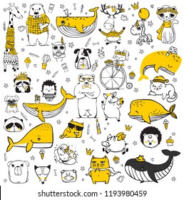 Vector set of cute doodle hipster animals. Perfect for greeting cards design, t-shirt prints and kid's posters.