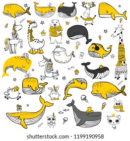 Vector set of cute doodle hipster animals. Perfect for greeting cards design, t-shirt prints and kid's posters.