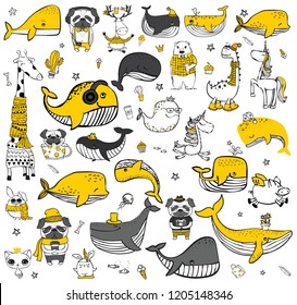 Vector set of cute doodle hipster animals. Perfect for greeting cards design, t-shirt prints and kid's posters.