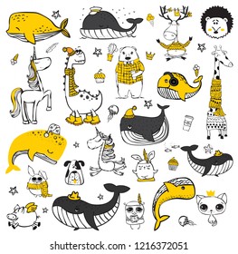 Vector set of cute doodle hipster animals. Perfect for greeting cards design, t-shirt prints and kid's posters.