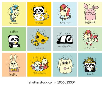 Vector set of cute doodle hipster animals. Perfect for greeting cards design, t-shirt prints and kid's posters.