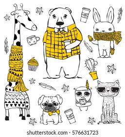 Vector set of cute doodle hipster giraffe, bear, dog, cat, rabbit and tribal owl. Perfect  for greeting card design, t-shirt print and kid's poster