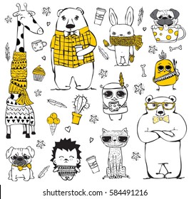 Vector set of cute doodle hipster giraffe,  2 bears, dog, cat, rabbit and tribal owl. Perfect for greeting card design, t-shirt print and kid's poster