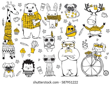 Vector set of cute doodle hipster giraffe, bears, deer, dog, cat, rabbits and tribal owl. Perfect for greeting card design, t-shirt print and kid's poster