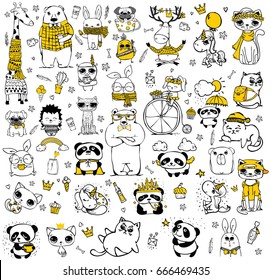 Vector set of cute doodle hipster animals. Perfect for greeting cards design, t-shirt prints and kid's posters.