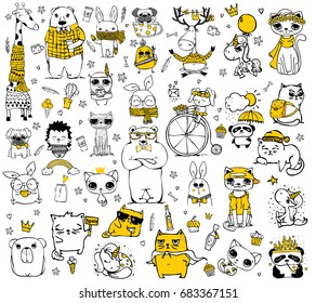Vector set of cute doodle hipster animals. Perfect for greeting cards design, t-shirt prints and kid's posters.