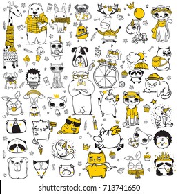 Vector set of cute doodle hipster and tribal style animals. Perfect for greeting cards design, t-shirt prints and kid's posters.