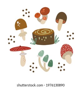 Vector set of cute doodle mushrooms in the forest