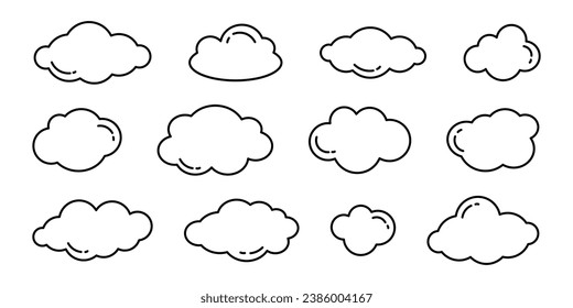 Vector set of cute doodle outline clouds. Simple cloud childish collection in black contour. Sky clouds isolated on white.