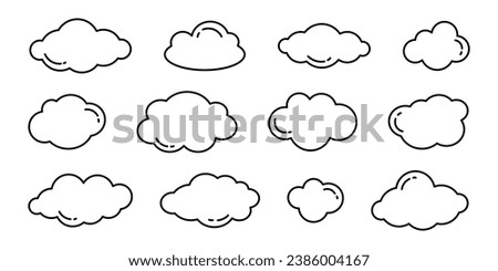 Vector set of cute doodle outline clouds. Simple cloud childish collection in black contour. Sky clouds isolated on white.