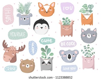 Vector set of cute doodle stickers with funny animals, text and house plants. Poster with adorable objects on background. Valentine's day, anniversary, save the date, baby shower, bridal, birthday
