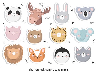Vector set of cute doodle stickers with funny animals. Poster with adorable objects on background, pastel colors. Valentine's day, anniversary, save the date, baby shower, bridal, birthday
