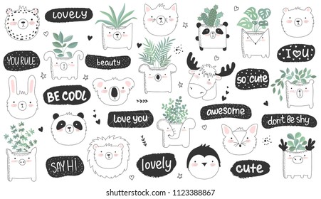 Vector set of cute doodle stickers with funny animals, text and house plants. Poster with adorable objects on background. Valentine's day, anniversary, save the date, baby shower, bridal, birthday
