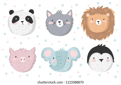 Vector set of cute doodle stickers with funny animals. Poster with adorable objects on background. Valentine's day, anniversary, save the date, baby shower, bridal, birthday
