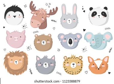 Vector set of cute doodle stickers with funny animals. Poster with adorable objects on background. Valentine's day, anniversary, save the date, baby shower, bridal, birthday
