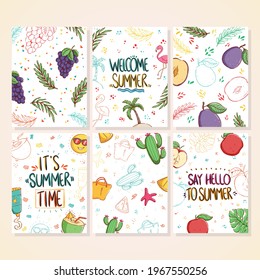 Vector set of cute doodle summer cards. Beautiful summer posters with grape, peach, cactus, coconut drink, palm leaves and hand written text.