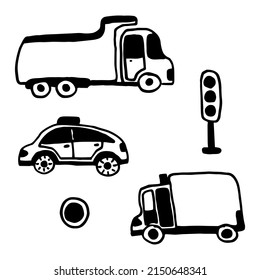 Vector set cute doodles big and small cars.