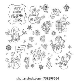 Vector set of cute doodles snowmen. Snowman with candy, Christmas gifts, garland, birds, hat and candy cane. Hand-drawn elements for colouring book. Christmas tree, music notes and birdhouse.