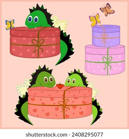 Vector set of cute dragon with give box and butterflies. Colorful funny cartoon character. For printing some decoration, notebooks, cards Valentine's Day, birthday, present, children's coloring books