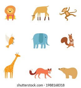 Vector set of cute drawn animals. Red fox, yellow giraffe, squirrel, pink bird, pink elephant, bear, monkey, deer and lion in different poses. Family and flock. Pattern, coloring book, textiles