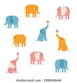 Vector set of cute drawn elephants. African or Indian blue, dark blue and gray elephant in various poses. Family of elephants. Light elephant pattern. Coloring book, textiles, wallpaper, cartoon.