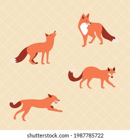 Vector set of cute drawn foxes. Red foxes in different poses. Family and a flock of foxes. Pattern, coloring book, textiles, wallpaper, cartoon.