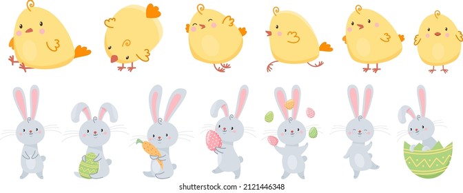 Vector set of cute Easter animals. Little chickens and hares, rabbits are holding Easter eggs. Animals on a white background