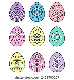 Vector set of cute Easter eggs. Flat style, pastel colours, floral and line design.