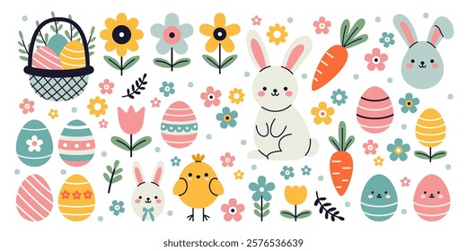 Vector set of cute Easter elements featuring colorful easter eggs, rabbits, chicks, flowers, and festive decorations. A perfect springtime clipart collection in flat design.