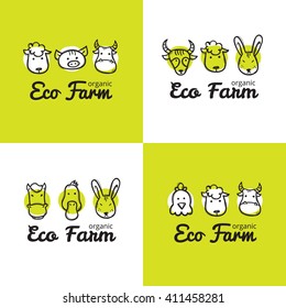 Vector set of cute eco farm logos in doodle style. Sketchy farm animals logos