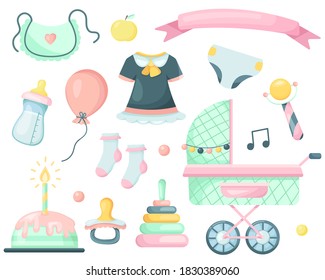 Vector Set of Cute Elements for a Newborn Girl. Isolated on  white background. Children's Collection of Accessories in Cartoon style.Toys, Clothes,Pram.Baby Objects for Design,Graphic,Web.