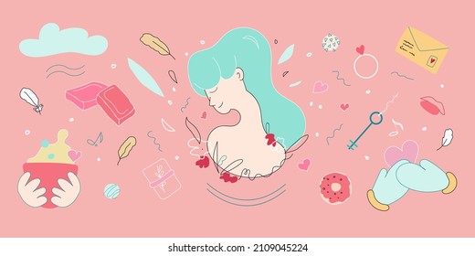 Vector set of cute elements. Valentine's day collection with lovely girl, chocolate, letter, hearts and other attributes of fest. Bright handdrawn illustration in flat style.