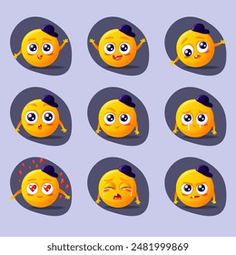 Vector conjunto de emojis lindos en una gorra de béisbol, ira, pena, amor, tristeza, desconfianza, sorpresa, locura, felicidad, alegría