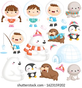 A Vector Set of Cute Eskimo with Various Polar Animal near Igloo